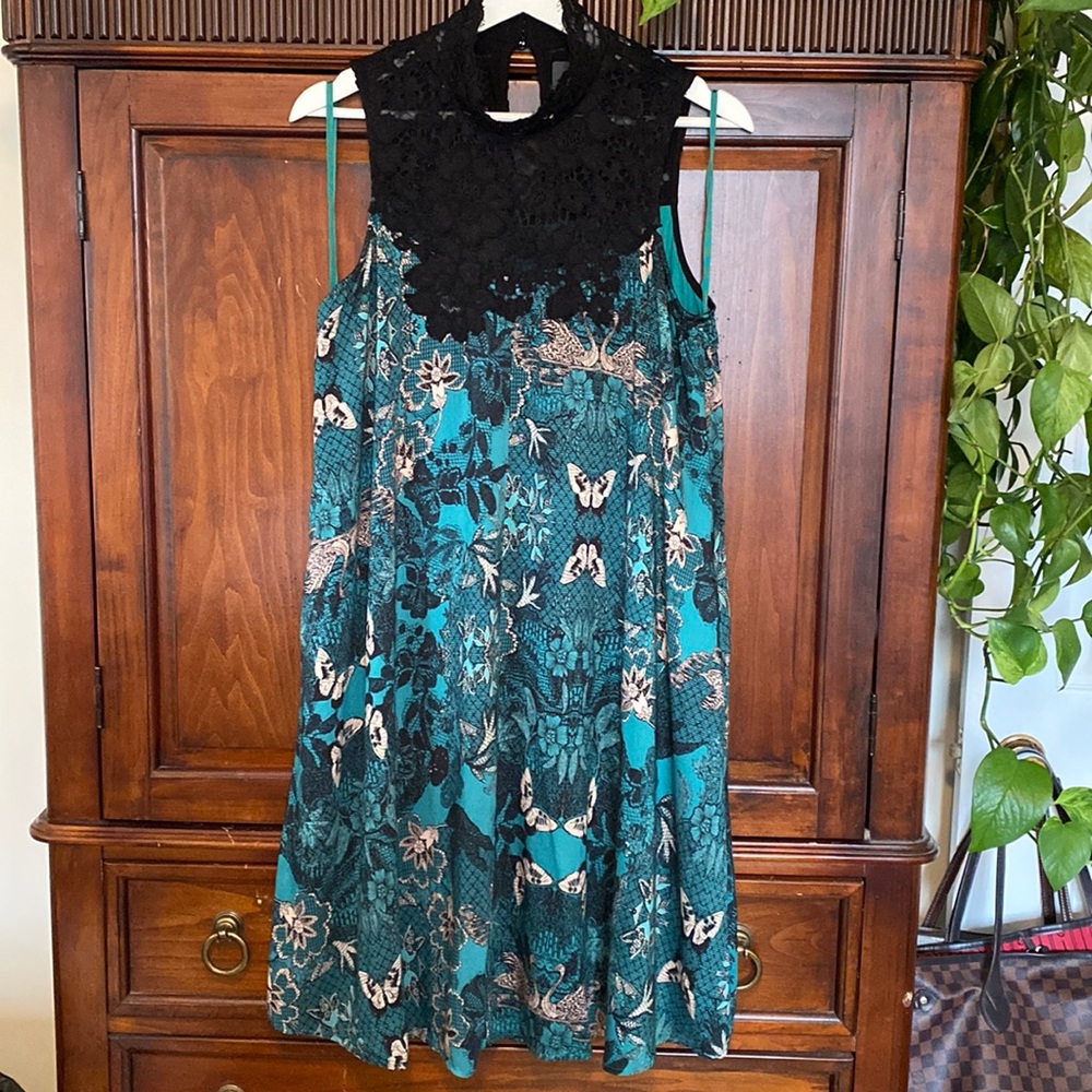 Anthropologie Maeve Silk blend Butterfly Swan Green print Lace top Swing Dress - Picture 3 of 16